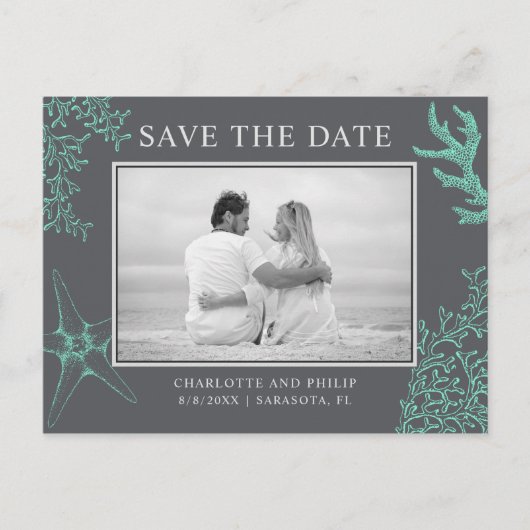 Coastal Wedding Sla de datum op Custom Photo Card Aankondigingskaart (Voorkant)