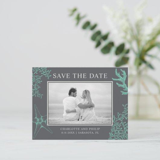 Coastal Wedding Sla de datum op Custom Photo Card Aankondigingskaart (Staand voorkant)