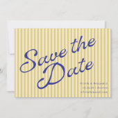 Coastal Yellow Blue Retro Stripe Wedding Script Save The Date (Voorkant)