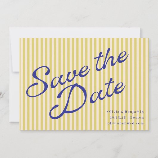 Coastal Yellow Blue Retro Stripe Wedding Script Save The Date (Voorkant)