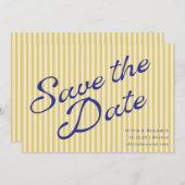 Coastal Yellow Blue Retro Stripe Wedding Script Save The Date (Voorkant / Achterkant)