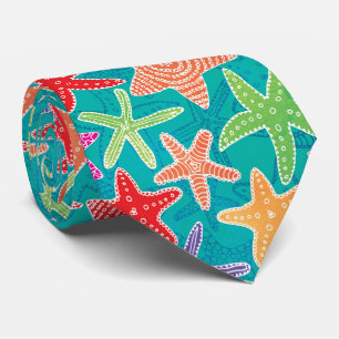 Coastal Yellow Pink Green Starfish Pattern Stropdas
