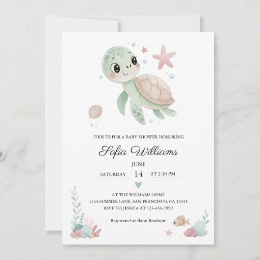 Coastal Zee Turtle Baby shower Invitation Kaart (Voorkant)