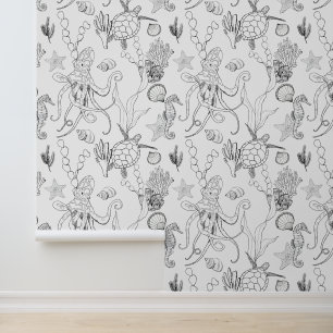 Coastal Zwart & Wit LIne Art Zee Levenspatroon Behang