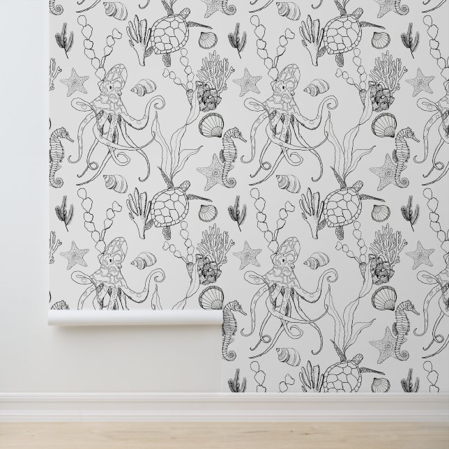 Coastal Zwart & Wit LIne Art Zee Levenspatroon Behang (Applicatie)