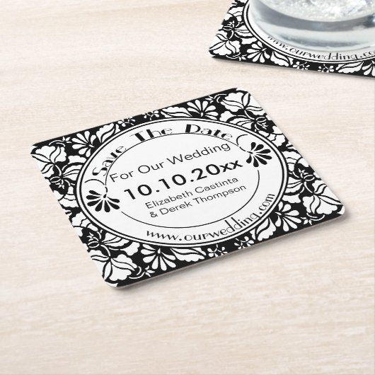 Coaster Save The Date - Elegante Zwart en Wit Kartonnen Onderzetters (Schuin)