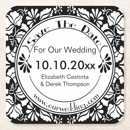 Coaster Save The Date - Elegante Zwart en Wit Kartonnen Onderzetters (Voorkant)