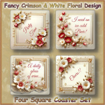 COASTER SET (4) - Dieprood & Witte Bloemen & Parel