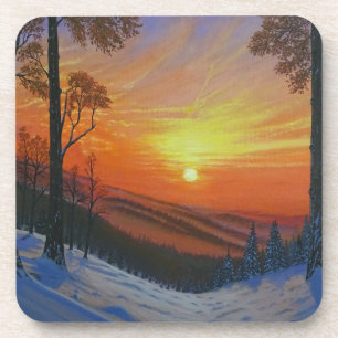 Coaster Set - "Zonsondergang boven besneeuwd bos" Bier Onderzetter
