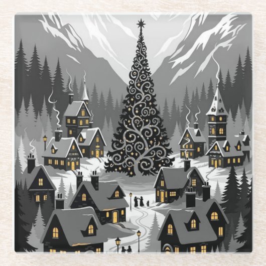 Coaster Silhouette  Snowy Scene Glazen Onderzetter (Voorkant)