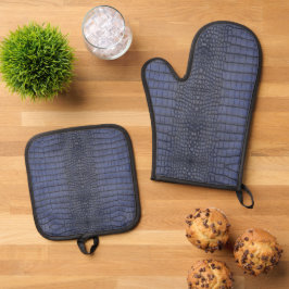 Cobalt Alligator Textuurprint Ovenwant & Pannenlap Set