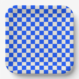 Cobalt and cream checkerboard pattern papieren bordje