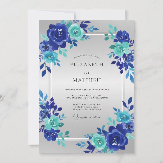 Cobalt Aqua Bloom Bruiloft Kaart (Voorkant)