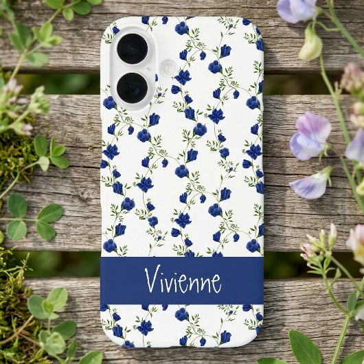 Cobalt Blauw Groen Aquarel Wilde Bloem Naam Case-Mate iPhone Case