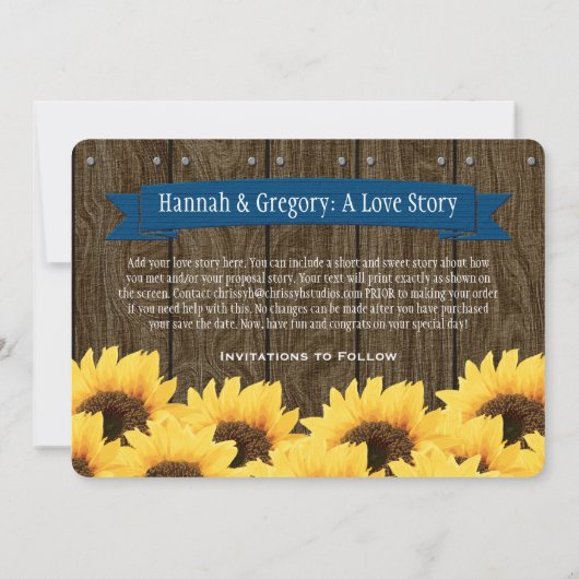 COBALT BLAUW RUSTIC SUNFLOWER BEWAREN DE DATUM KAA SAVE THE DATE (Achterkant)