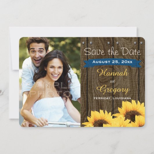 COBALT BLAUW RUSTIC SUNFLOWER BEWAREN DE DATUM KAA SAVE THE DATE (Voorkant)