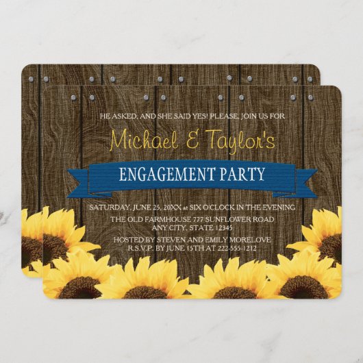 COBALT BLAUW RUSTIC SUNFLOWER ENGAGTY KAART (Voorkant / Achterkant)