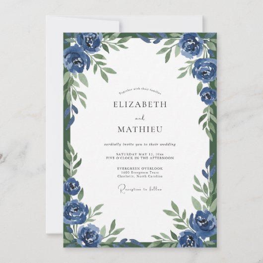 Cobalt Bloom Watercolor Bruiloft Kaart (Voorkant)