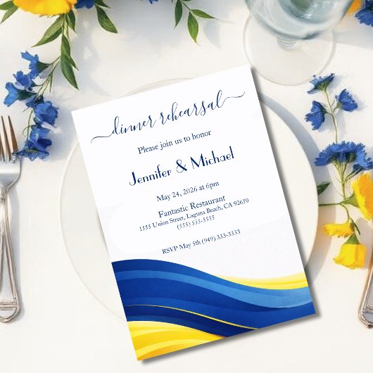 Cobalt Blue and Lemon Yellow Dinner Rehearsal  Kaart