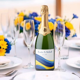 Cobalt Blue and Lemon Yellow Modern Wedding Sparkling Wijnetiket