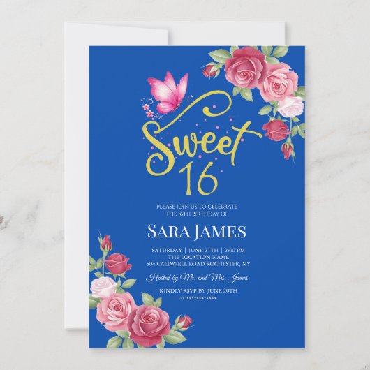 Cobalt Blue and Pink Floral Sweet 16 Birthday Kaart (Voorkant)