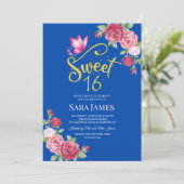 Cobalt Blue and Pink Floral Sweet 16 Birthday Kaart (Staand voorkant)