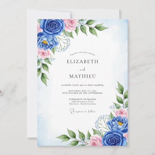 Cobalt Blue Artistic Spring Wedding Kaart (Voorkant)