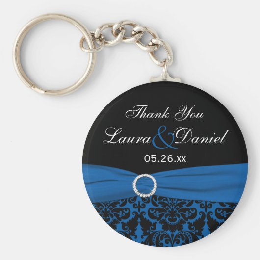 Cobalt Blue, Black Damask Wedding Favor Sleutelhan Sleutelhanger (Voorkant)