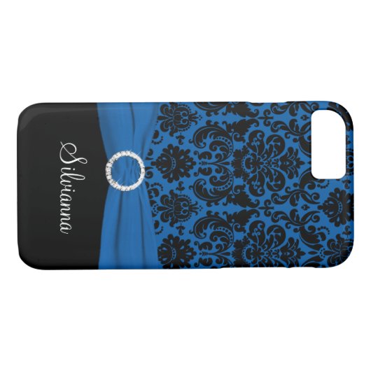 Cobalt Blue, Black, White Damask iPhone 7 hoesje (Achterkant (Horizontaal))