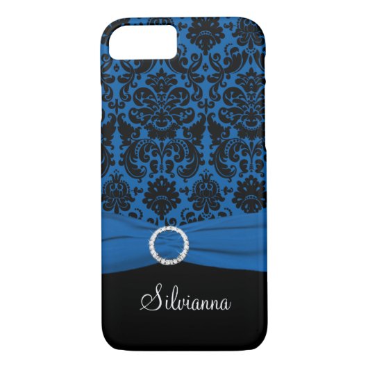 Cobalt Blue, Black, White Damask iPhone 7 hoesje (Achterkant)