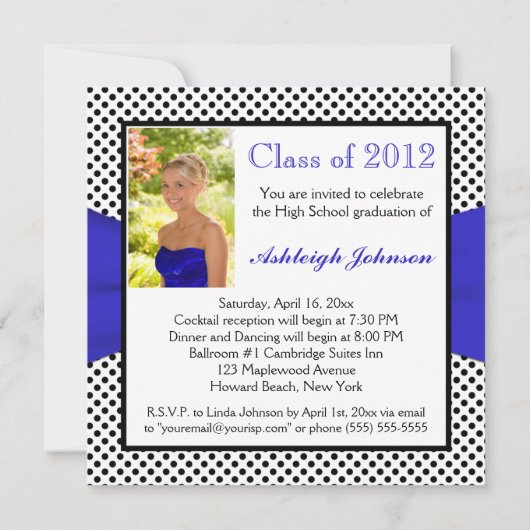 Cobalt Blue Black White Polka Dot Photo Afstuderen Kaart (Achterkant)