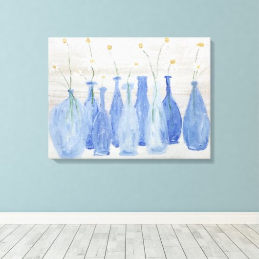 Cobalt Blue Bottles with Daisies Jars  Canvas Afdruk (Insitu (Houten vloer))