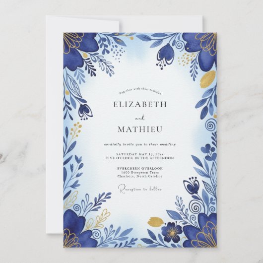 Cobalt Blue Brilliant Botanical Wedding Kaart (Voorkant)