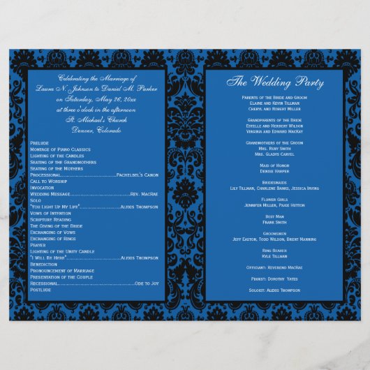 Cobalt Blue en Black Damask Wedding Programme (Achterkant)