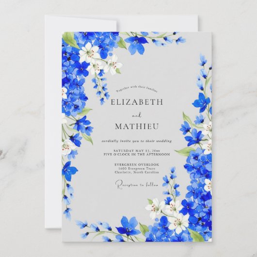 Cobalt Blue Floral Romance Wedding Kaart (Voorkant)