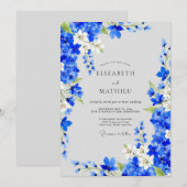 Cobalt Blue Floral Romance Wedding Kaart (Voorkant / Achterkant)