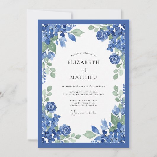 Cobalt Blue Floral Wedding Kaart (Voorkant)