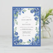 Cobalt Blue Floral Wedding Kaart (Staand voorkant)