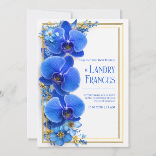 Cobalt Blue Gilded Orchid Botanical Wedding Kaart (Voorkant)