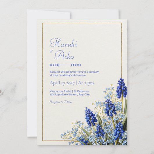 Cobalt Blue Muscari Botanical Gold Frame Wedding Kaart (Voorkant)