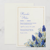 Cobalt Blue Muscari Botanical Gold Frame Wedding Kaart (Voorkant / Achterkant)