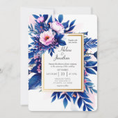 Cobalt Blue Pink Floral Modern Elegant Wedding Kaart (Voorkant)