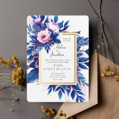 Cobalt Blue Pink Floral Modern Elegant Wedding Kaart