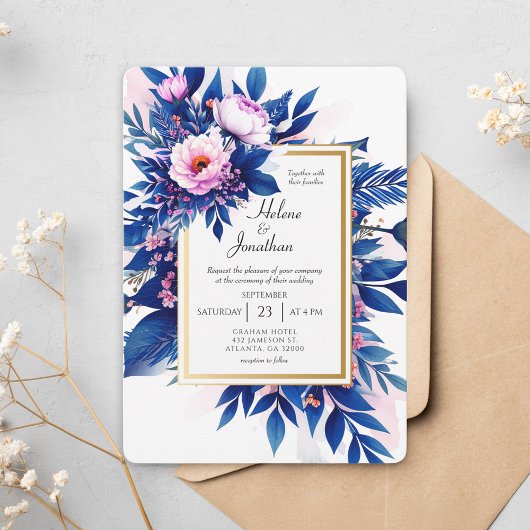 Cobalt Blue Pink Floral Modern Elegant Wedding Kaart