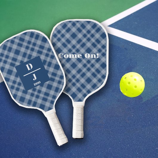 Cobalt Blue Plaids Aangepaste Initialen Pickleball Paddle