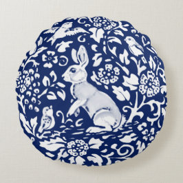 Cobalt Blue Rabbit Bird Floral Chinoiserie Dedham Rond Kussen
