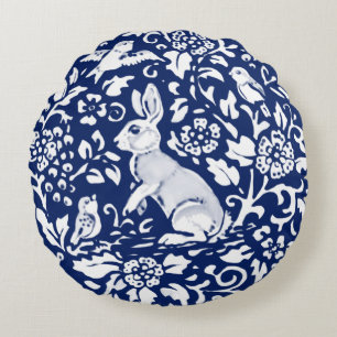 Cobalt Blue Rabbit Bird Floral Chinoiserie Dedham Rond Kussen