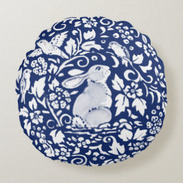 Cobalt Blue Rabbit Bird Floral Chinoiserie Dedham Rond Kussen