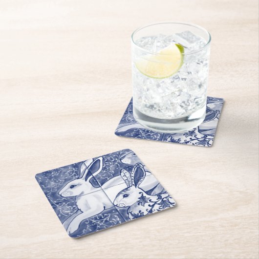 Cobalt Blue Rabbit Chinoiserie Dedham Delft Navy Kartonnen Onderzetters (Insitu)