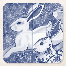 Cobalt Blue Rabbit Chinoiserie Dedham Delft Navy Kartonnen Onderzetters